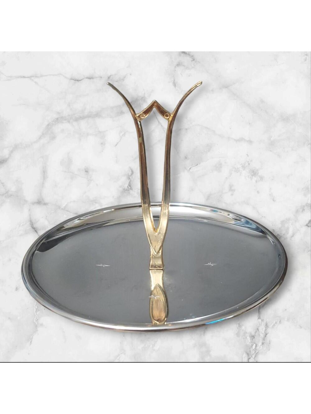 Riviera Mid Century Chrome Tidbit Serving Tray #C-8 Goldtone Handle 8.5" NOS